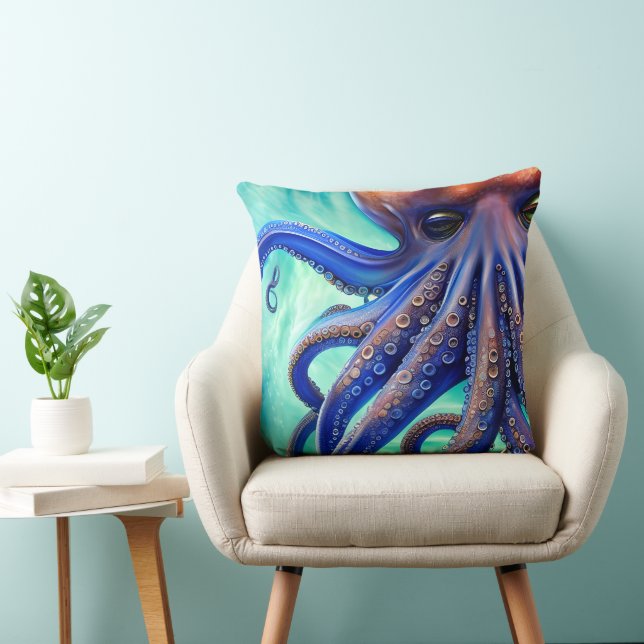 Dreamy Octopus Blue Ocean Wave Pop Art Throw Pillow (Chair)