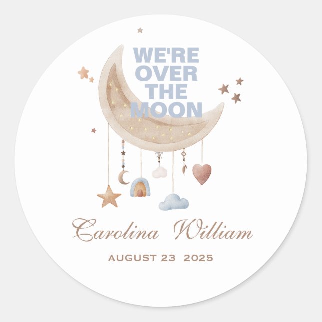 Dreamy Over the Moon blue baby shower Classic Round Sticker (Front)