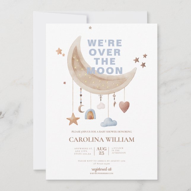Dreamy Over the Moon blue baby shower Invitation (Front)