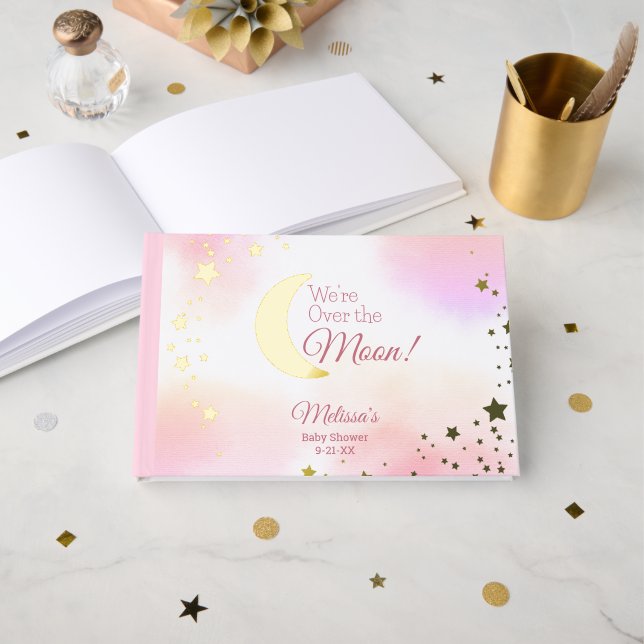 Dreamy Over the Moon Pink Girl Baby Shower  Guest Book (Front Open)