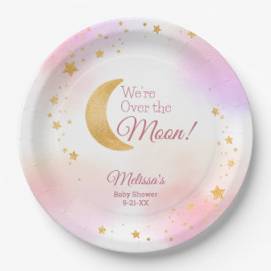 Dreamy Over the Moon Pink Girl Baby Shower Paper Plate