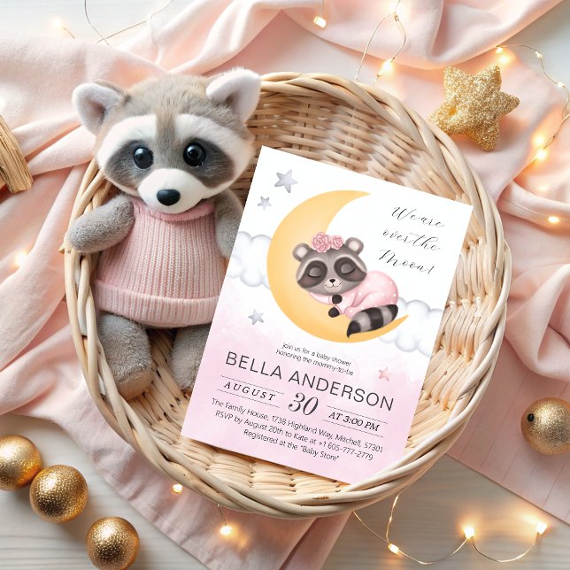 Dreamy Over the Moon Raccoon Girl Baby Shower  Invitation (Dreamy Over the Moon Raccoon Girl Baby Shower Invitation)