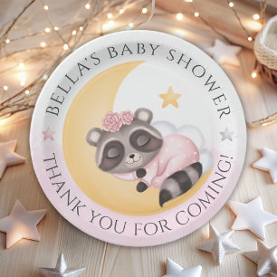 Dreamy Over the Moon Raccoon Girl Baby Shower Paper Plate