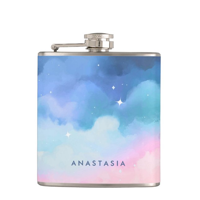Dreamy Pastel Clouds Personalized Hip Flask (Front)