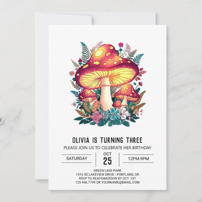 Dreamy Pastel Digital Mushroom Birthday  Invitation (Front)