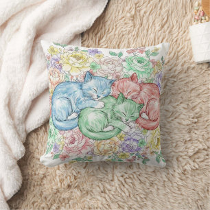 Dreamy Pastel Kittens & Floral Garden Throw Pillow