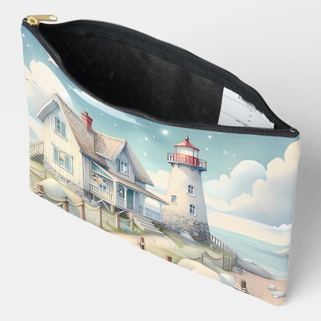 Dreamy Pastel Lighthouse by the Sea Accessory Pouch (Open)