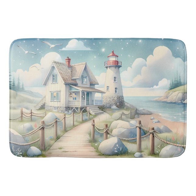 Dreamy Pastel Lighthouse by the Sea Bath Mat (Front)