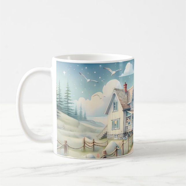 Dreamy Pastel Lighthouse by the Sea Coffee Mug (Left)