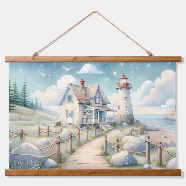 Dreamy Pastel Lighthouse by the Sea Hanging Tapestry (Front)