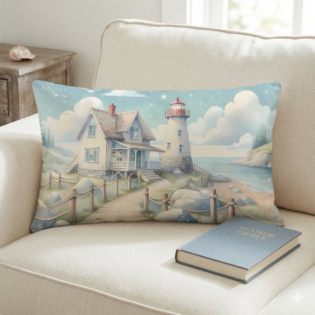 Dreamy Pastel Lighthouse by the Sea Lumbar Pillow (Dreamy Pastel Lighthouse by the Sea Lumbar Pillow On Sofa)