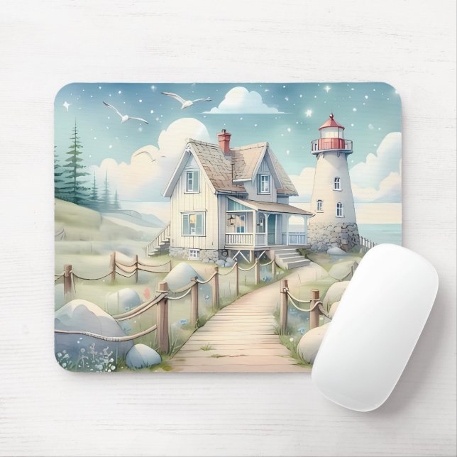 Dreamy Pastel Lighthouse by the Sea Mouse Pad (With Mouse)
