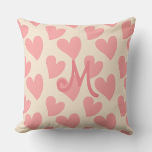 Dreamy Pastel Pink Hearts Monogrammed Beige Throw Pillow