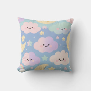 Dreamy Pastel Sky – Cute Cartoon Clouds & Moons Th Throw Pillow