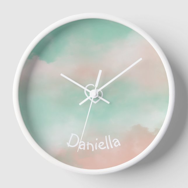 Dreamy Pastel Turquoise and Pink Sky Clock (Front)