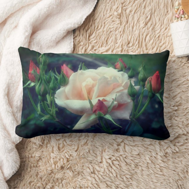 Dreamy Peach Rose And Buds   Lumbar Pillow (Blanket)
