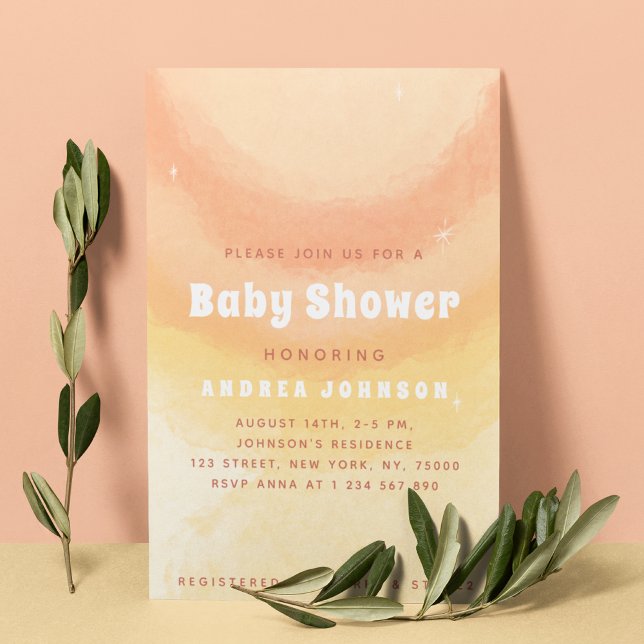Dreamy Peach & Yellow Watercolor Sun Baby Shower Invitation (Creator Uploaded)