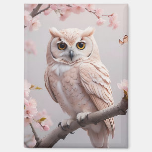 Dreamy Pink Cherry Blossoms Owl Magnet