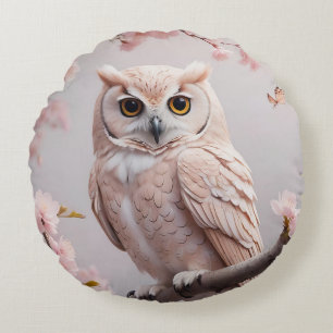 Dreamy Pink Cherry Blossoms Owl Round Pillow