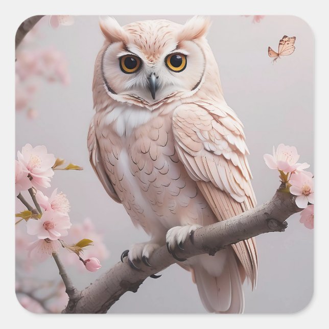 Dreamy Pink Cherry Blossoms Owl Square Sticker (Front)