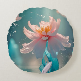 Dreamy Pink Lotus and Butterfly in Aqua Water Round Pillow