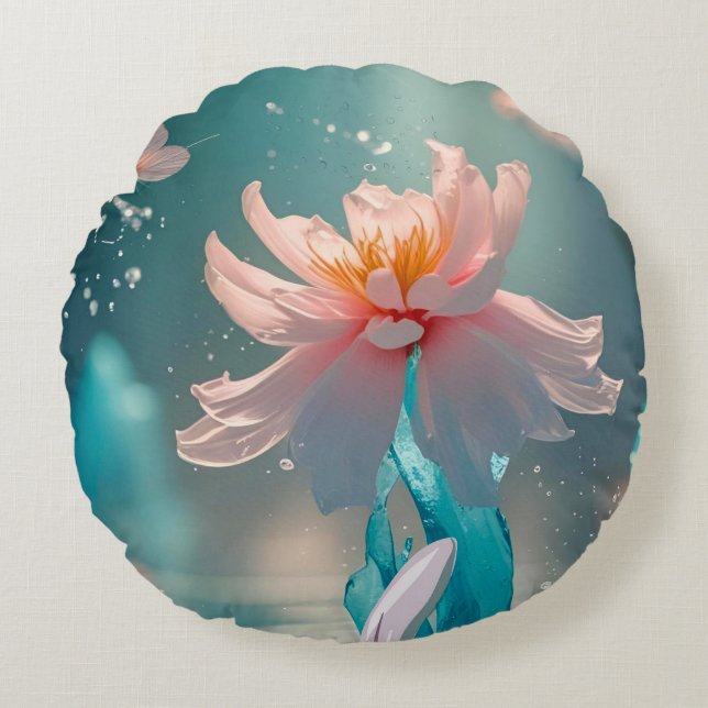 Dreamy Pink Lotus and Butterfly in Aqua Water Round Pillow (Front)