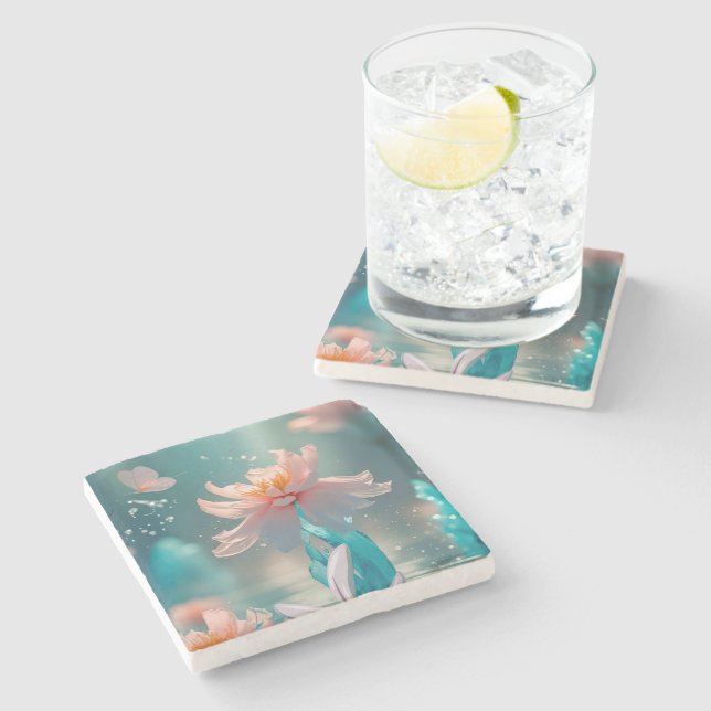 Dreamy Pink Lotus and Butterfly in Aqua Water Stone Coaster (Side)