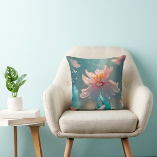 Dreamy Pink Lotus and Butterfly in Aqua Water Throw Pillow