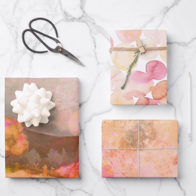 Dreamy Pink Orange Watercolors Trio Wrapping Paper Sheet (Front)