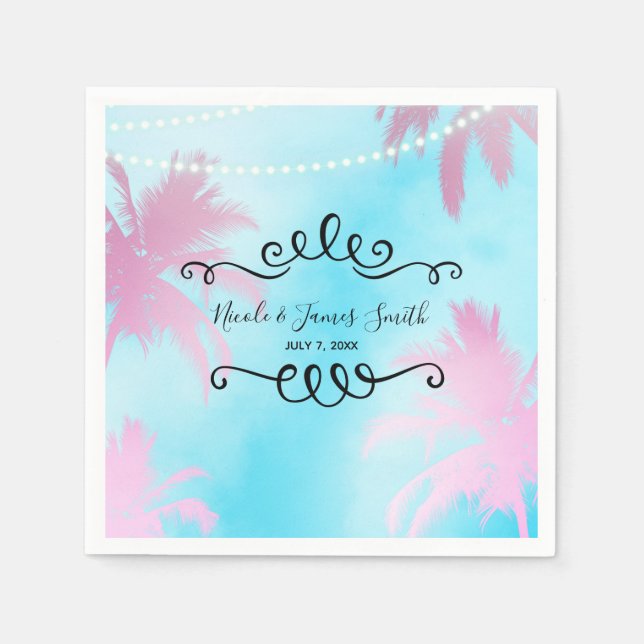 Dreamy Pink Palm Trees & Blue Sky String Lights Napkin (Front)