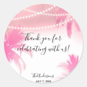 Dreamy Pink Palm Trees & String Lights Favour Classic Round Sticker