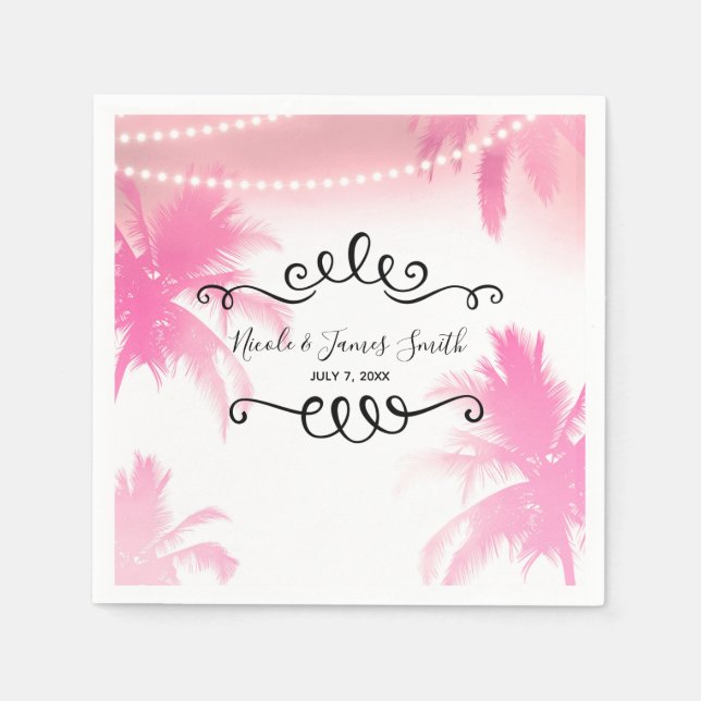 Dreamy Pink Palm Trees & String Lights Party Napkin (Front)