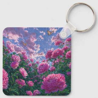 Dreamy Pink Peony Garden and Butterflies Keychain