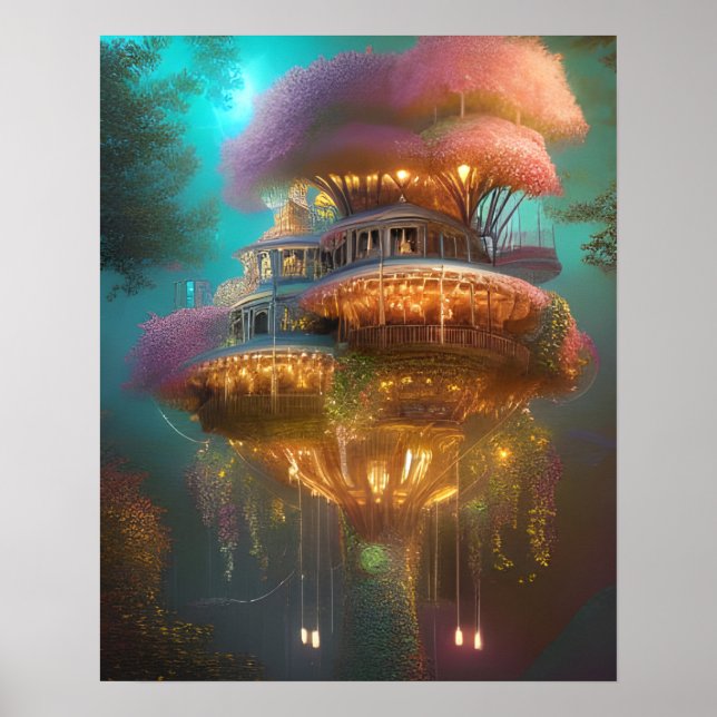 Dreamy Pink Treehouse Digital Art Poster (Front)