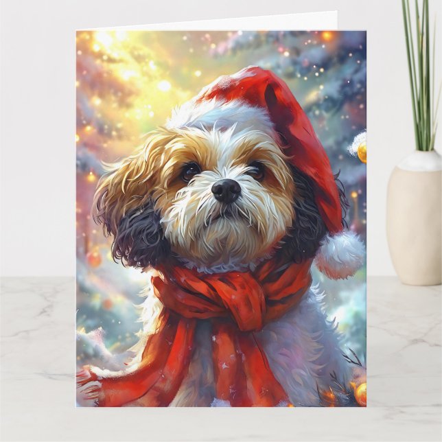 Dreamy Puppy in Santa Hat and Scarf Card (Front)
