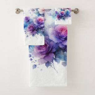 Dreamy Purple, Blue, and Pink Watercolor Roses Bath Towel Set
