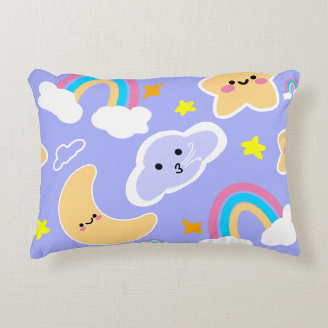 Dreamy Rainbow & Cloud Pattern in Blue Accent Pillow (Front)