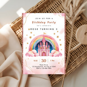 Dreamy Rainbow Princess Castle 3rd Birthday Invitation