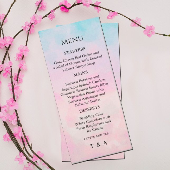 Dreamy Rainbow Unicorn watercolor Menu Invitation (This bridal shower invitation features an arrangement of watercolor dreamy rainbow unicorns. )