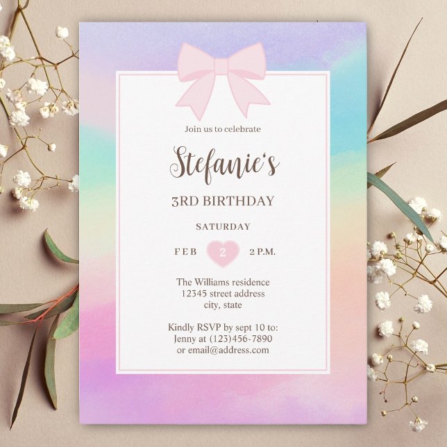 Dreamy Rainbow Watercolor Pink Bow Girl Birthday Invitation (Creator Uploaded)