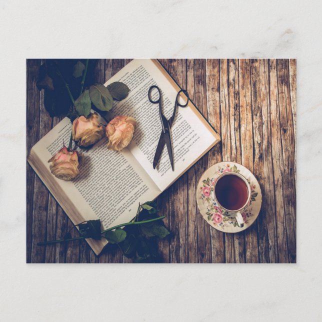 Dreamy Romantic Book Roses Tea Time Postcard (Front)