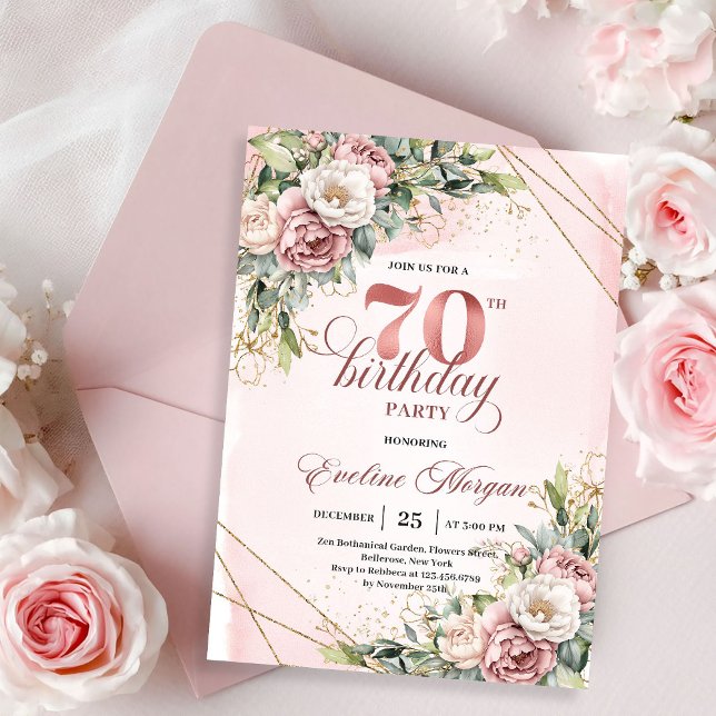 Dreamy Rose Gold Floral Greenery 70th Birthday  Invitation (Dreamy Rose Gold Floral Greenery 70th Birthday Invitation)