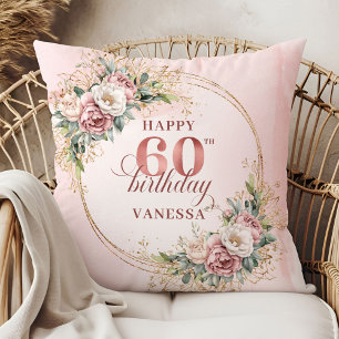 Dreamy Rose Gold Watercolor Flowers 60th birthday  Throw Pillow
