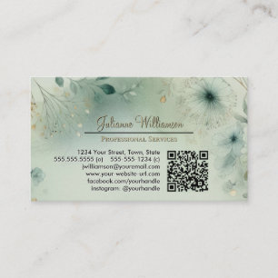 Dreamy Sage Green & Gold Watercolor QR Code Business Card