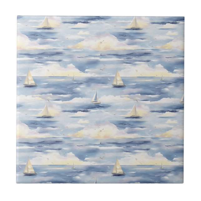 Dreamy Sailboats Ocean Watercolor Pattern (1) Tile (Front)