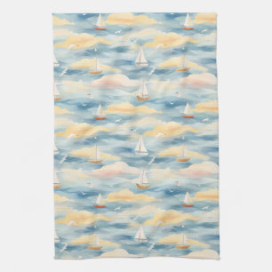 Dreamy Sailboats Ocean Watercolor Pattern (2) Kitchen Towel