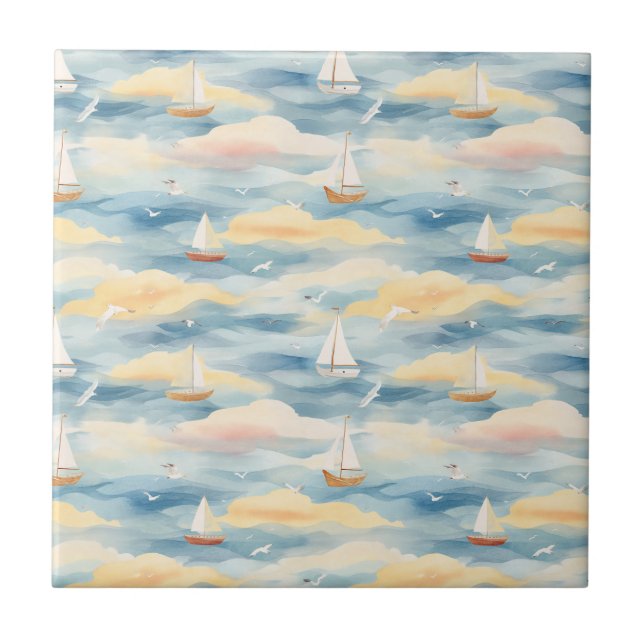 Dreamy Sailboats Ocean Watercolor Pattern (2) Tile (Front)