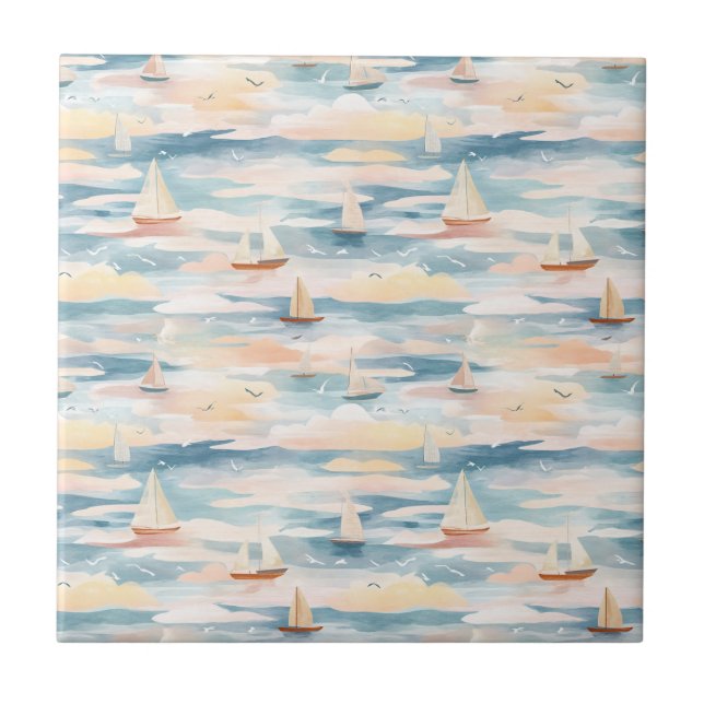 Dreamy Sailboats Ocean Watercolor Pattern (3) Tile (Front)