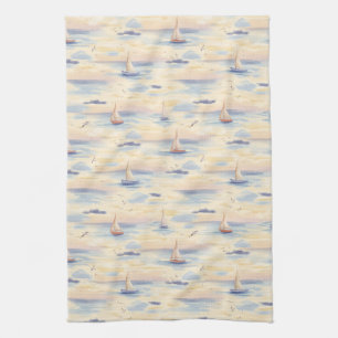 Dreamy Sailboats Ocean Watercolor Pattern (4) Kitchen Towel