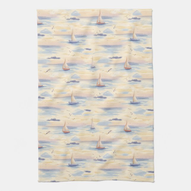 Dreamy Sailboats Ocean Watercolor Pattern (4) Kitchen Towel (Vertical)